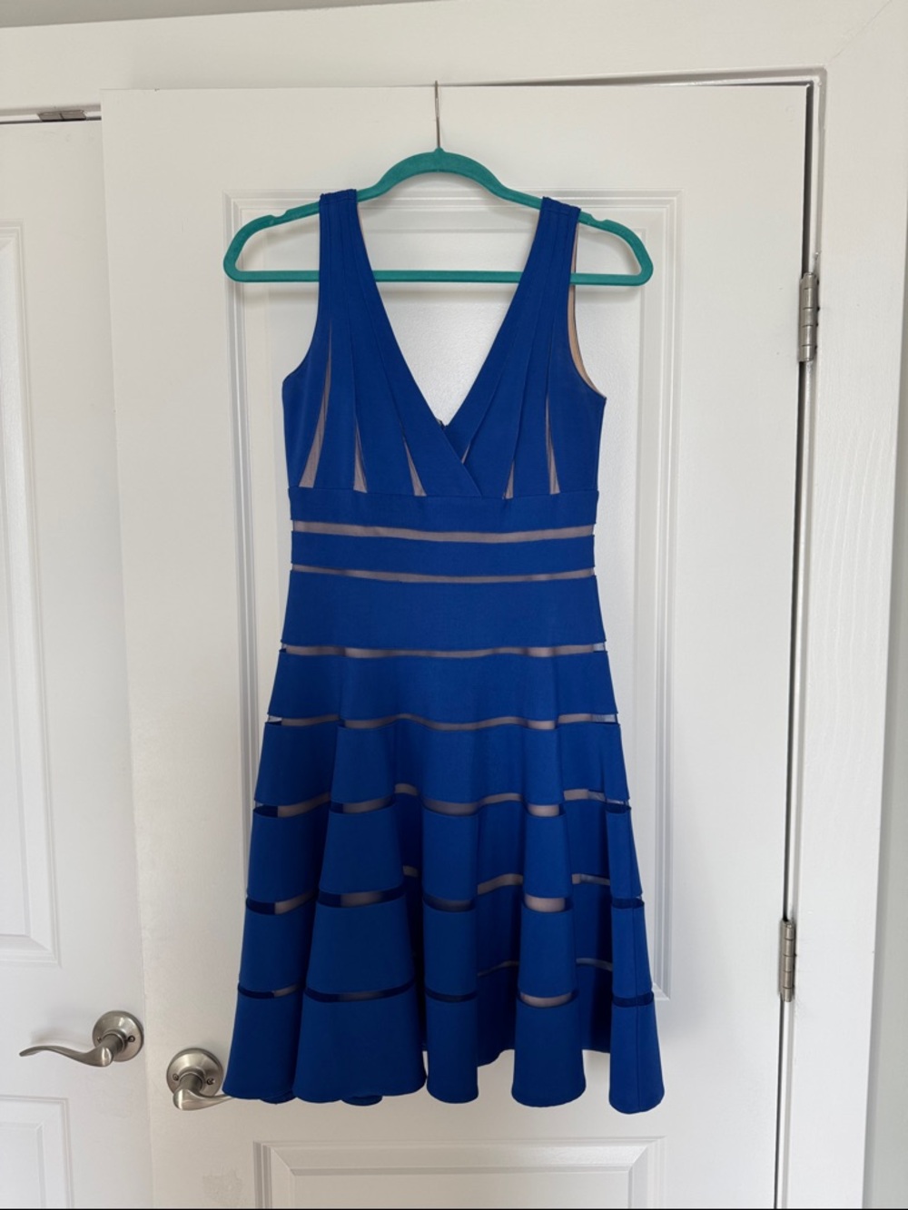 Mikael Aghal Royal Blue V-Neck Fit-and-Flare Dress with Sheer Stripes